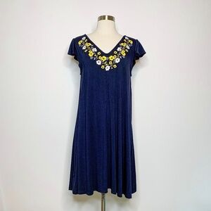 Adrianna Papell Dress Knit Navy Blue Embroidered Neckline